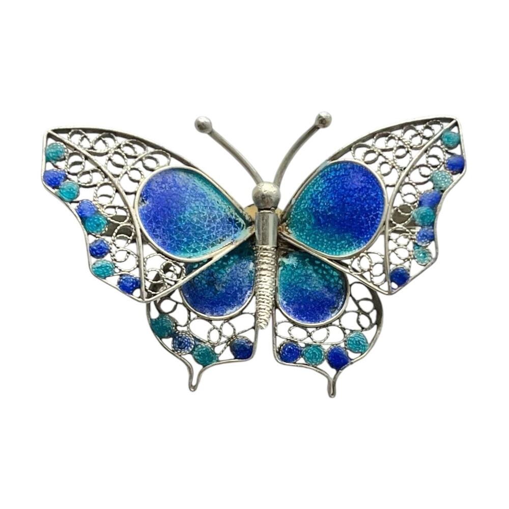 1960s Vintage 800 Silver Filigree Blue Plique-à-Jour Enamel Butterfly Brooch Pin